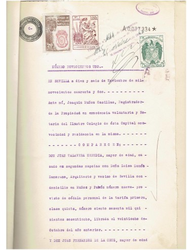 FA7835. TIMBROLOGIA. 1942. Documento legal timbrado con varios sellos fiscales