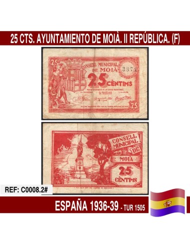 España 1936-39. 25 cts. Ayuntamiento de Moià (F) TUR1505