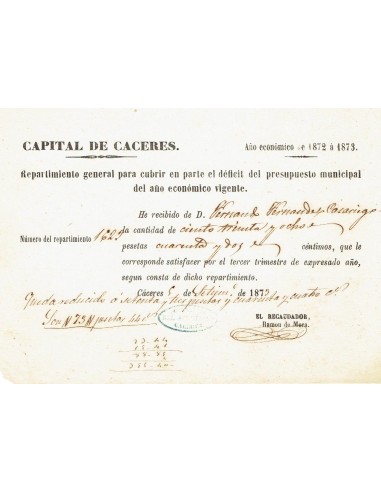 FA7838. DOCUMENTOS. 1873, Recibo de pago de impuesto del capital de Cáceres