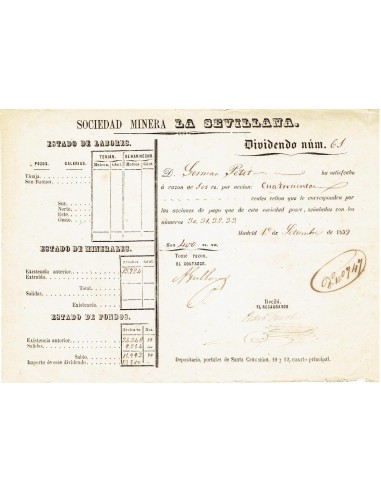 FA7839. DOCUMENTOS. 1859, Dividendo del pago de acciones de la Sociedad Minera la Sevillana
