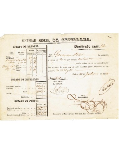 FA7840. DOCUMENTOS. 1859, Dividendo del pago de acciones de la Sociedad Minera la Sevillana