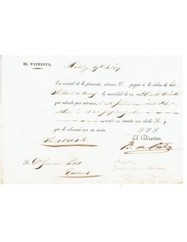 FA7842. DOCUMENTOS. 1837, Pago al Administrador de Correos de la publicación El Patriota