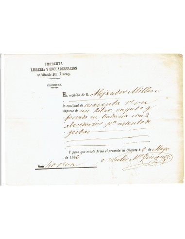 FA7844. DOCUMENTOS. 1866, Recibi de la Imprenta, Librería y Encuadernación de Nicolas M. Jimenez