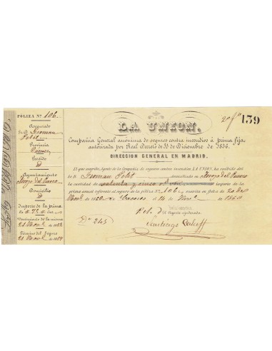 FA7848. DOCUMENTOS. 1869, Recibo de seguros contra incendios La Unión