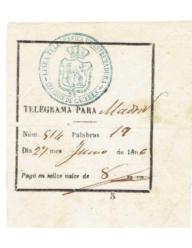 FA7856. DOCUMENTOS. Telegrama de la linea telegráfica de Extremadura