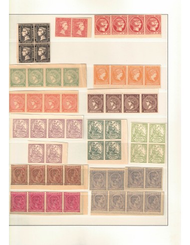 FA8707. FALSOS SEGUI. Magnífico lote de sellos clásicos en bloques de 4 y tiras de 2 y 4 valores.