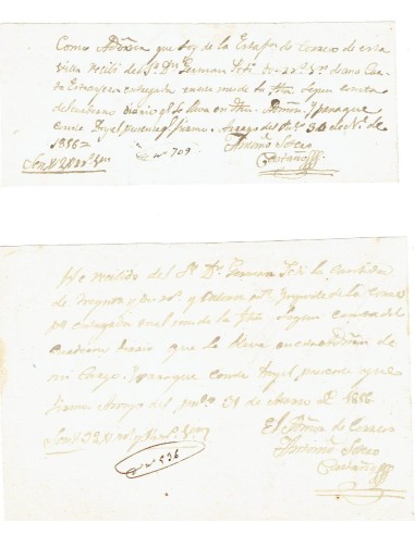 FA7859. DOCUMENTOS. 1856. 2 Recibos manuscritos del Administrador de Correos de Arroyo del Puerco