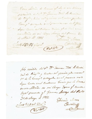 FA7860. DOCUMENTOS. 1856. 2 Recibos manuscritos del Administrador de Correos de Arroyo del Puerco