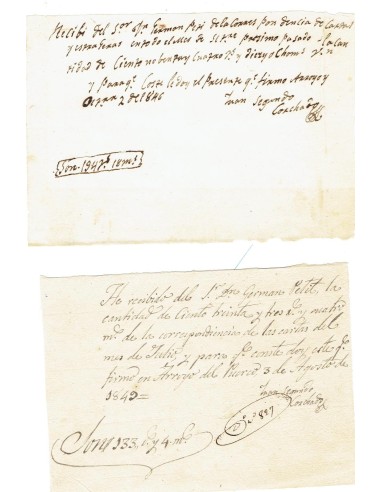 FA7864. DOCUMENTOS. 1846-49. Recibos manuscritos del Administrador de Correos de Arroyo del Puerco
