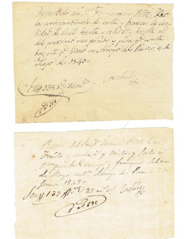 FA7865. DOCUMENTOS. 1849. Recibos manuscritos del Administrador de Correos de Arroyo del Puerco