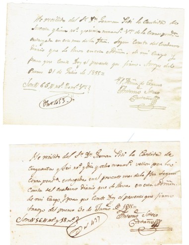 FA7869. DOCUMENTOS. 1855. Recibos manuscritos del Administrador de Correos de Arroyo del Puerco