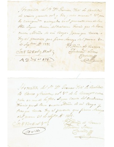 FA7870. DOCUMENTOS. 1855. Recibos manuscritos del Administrador de Correos de Arroyo del Puerco