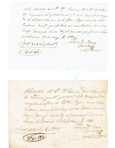FA7872. DOCUMENTOS. 1855. Recibos manuscritos del Administrador de Correos de Arroyo del Puerco