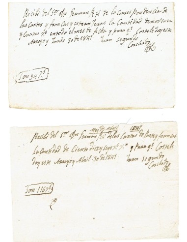FA7873. DOCUMENTOS. 1847. Recibos manuscritos del Administrador de Correos de Arroyo del Puerco