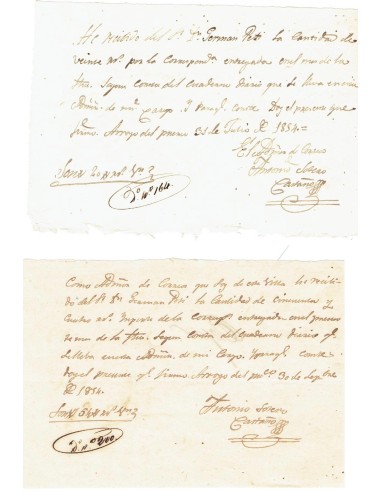 FA7878. DOCUMENTOS. 1854. Recibos manuscritos del Administrador de Correos de Arroyo del Puerco
