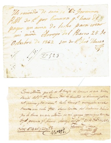 FA7879. DOCUMENTOS. 1854 y 1862. Recibos manuscritos del Administrador de Correos de Arroyo del Puerco