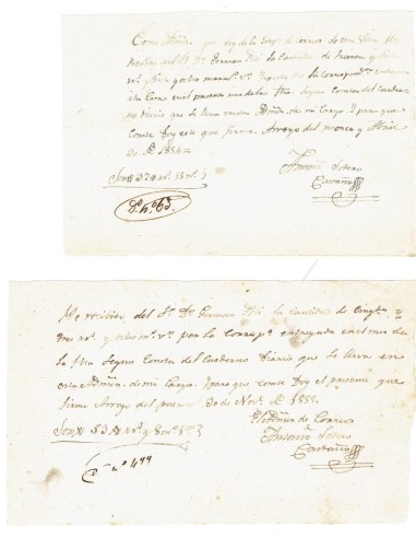 FA7880. DOCUMENTOS. 1854 y 1855. Recibos manuscritos del Administrador de Correos de Arroyo del Puerco
