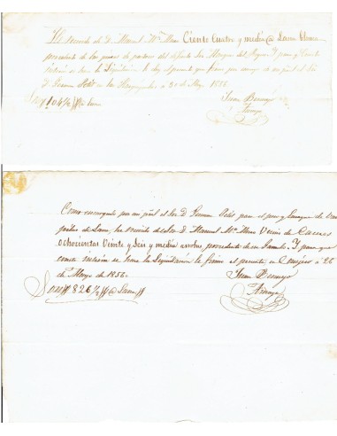 FA7881. DOCUMENTOS. 1856. Recibos manuscritos del Administrador de Correos de Arroyo del Puerco