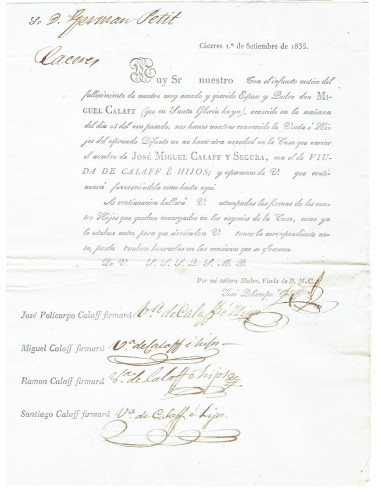 FA7883. DOCUMENTOS. 1835, Texto interior de Carta de luto