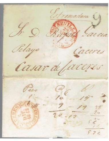 FA8163. PREFILATELIA. 1842, 29 de noviembre. Carta completa circulada de Sevilla a Casar de Caceres