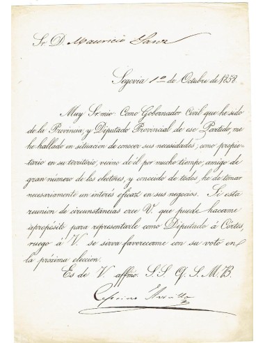 FA7901. DOCUMENTOS. 1858, Peticion de voto para Diputado a Cortes