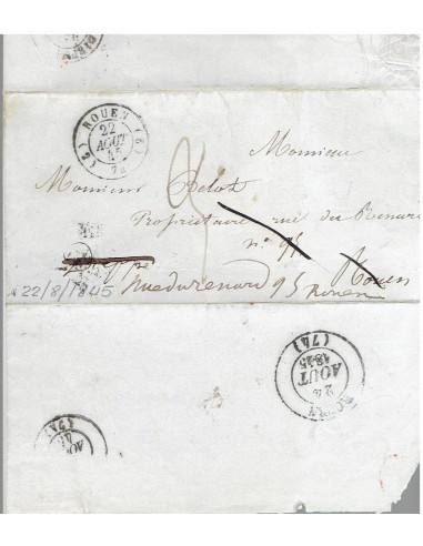 FA8188. PREFILATELIA. 1845, 22 de agosto. Envuelta de carta circulada en Rouen