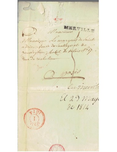 FA8197. PREFILATELIA. 1814, 29 de mayo. Carta competa circulada de Merville a Paris