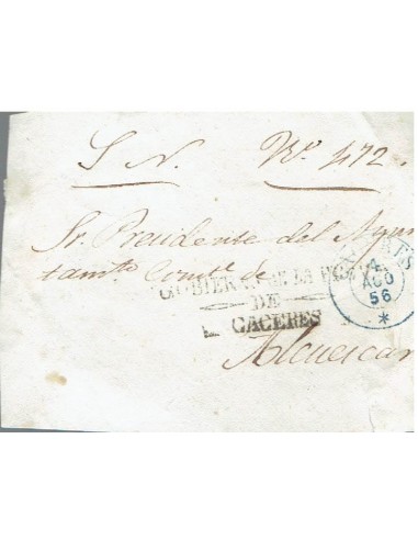 FA8205. PREFILATELIA. 1856, Frontal de correo oficial de Caceres a Alcuescar