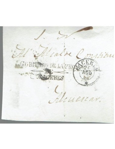 FA8209. PREFILATELIA. 1855, 20 de agosto. Frontal de correo oficial de Caceres a Alcuescar