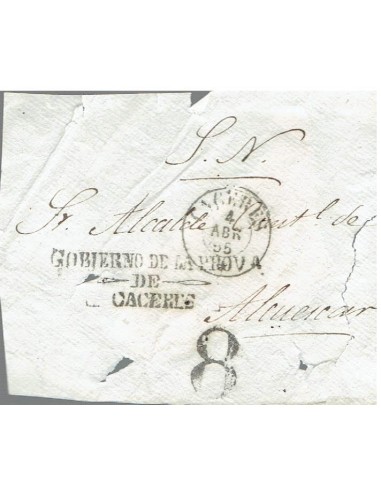 FA8210. PREFILATELIA. 1855, 4 de abril. Frontal de correo oficial de Caceres a Alcuescar
