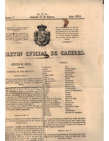 FA9110. DOCUMENTOS. 1852, 17 de enero. Boletin Oficial de Caceres