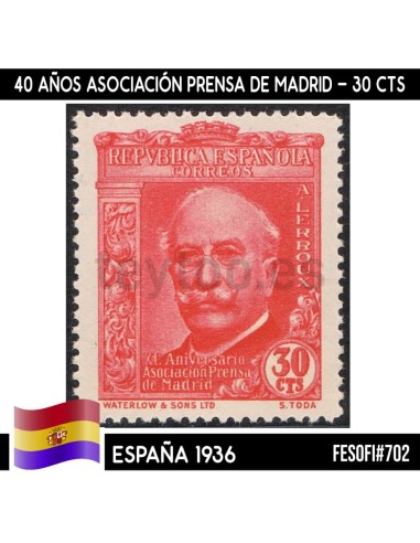 España 1936. Asociación Prensa de Madrid, 30 cts (MNH)