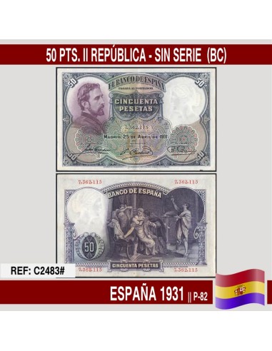 España 1931. 50 pts. II República. Sin Serie (VF) P-82