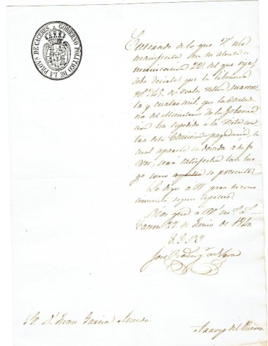 FA7937. DOCUMENTOS. 1840, Texto manuscrito con cuño del Organismo remitente de la Provincia de Caceres