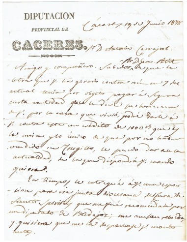 FA7938. DOCUMENTOS. 1838, Texto manuscrito con cuño de la Diputación Provincial de Caceres