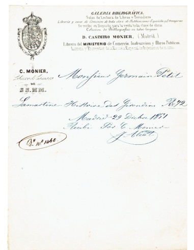 FA7939. DOCUMENTOS. 1851, Acuse de recibo de la Galeria Bibliografica