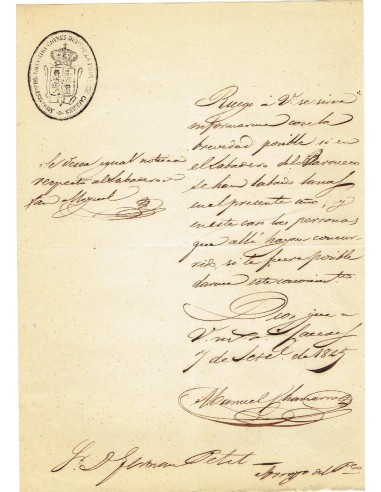 FA7942. DOCUMENTOS. 1845, Cuño oficial de la Administración de Contribuciones de la provincia de Caceres