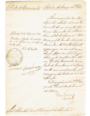 FA7945. DOCUMENTOS. 1861, Cuño oficial de la Alcaldía Constitucional de Aliseda