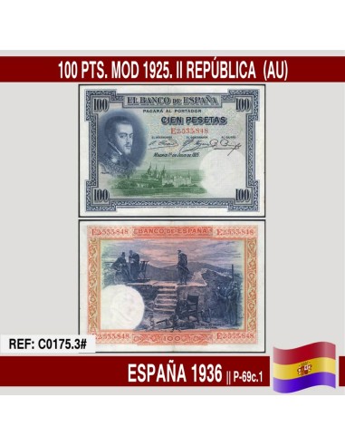 España 1936. 100 pts. Mod. 1925. II República (AU) P-69c.1