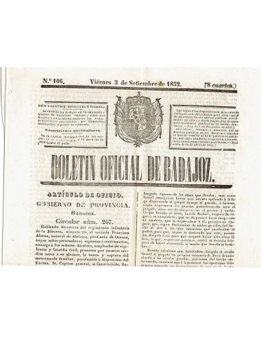 FA7960. DOCUMENTOS. Año 1852, 3 de septiembre. Nº106. Boletín Oficial de la Provincia de Badajoz