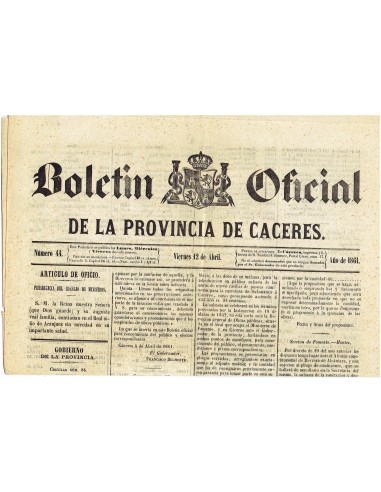 FA7962. DOCUMENTOS. Año 1861, 12 de abril. Nº44. Boletín Oficial de la Provincia de Cáceres