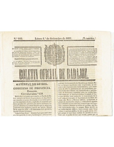 FA7963. DOCUMENTOS. Año 1851, 1 de septiembre. Nº113. Boletín Oficial de la Provincia de Badajoz