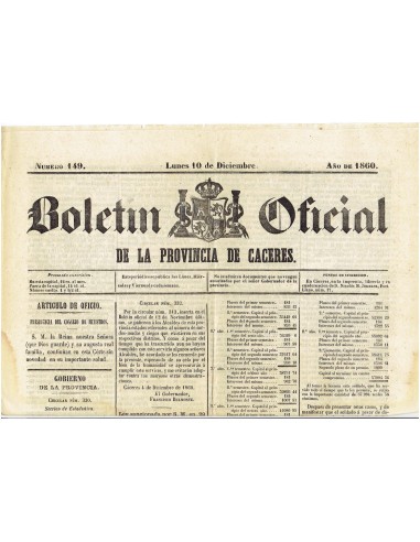 FA7964. DOCUMENTOS. Año 1860, 10 de diciembre. Nº149. Boletín Oficial de la Provincia de Cáceres