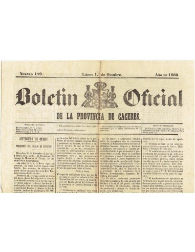 FA7965. DOCUMENTOS. Año 1860, 1 de octubre. Nº119. Boletín Oficial de la Provincia de Cáceres