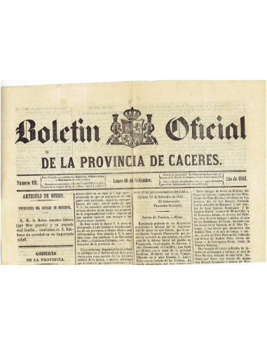 FA7966. DOCUMENTOS. Año 1861, 16 de septiembre. Nº111. Boletín Oficial de la Provincia de Cáceres