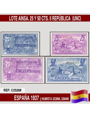 España 1937. Lote billetes Ainsa. 25 y 50 cts. II República (UNC)