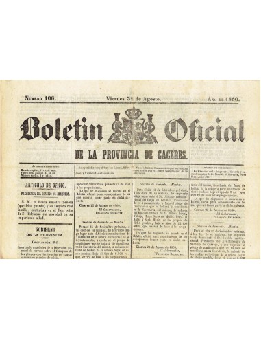 FA7967. DOCUMENTOS. Año 1860, 31 de agosto. Nº106. Boletín Oficial de la Provincia de Cáceres