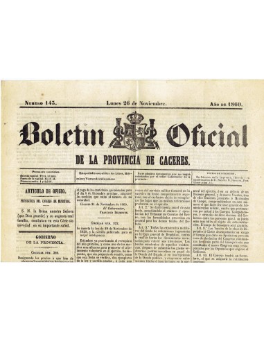 FA7968. DOCUMENTOS. Año 1860, 26 de noviembre. Nº146. Boletín Oficial de la Provincia de Cáceres