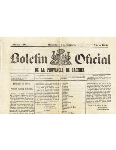 FA7969. DOCUMENTOS. Año 1860, 17 de octubre. Nº126. Boletín Oficial de la Provincia de Cáceres