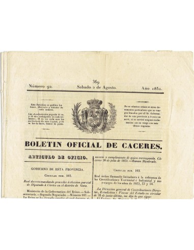 FA7970. DOCUMENTOS. Año 1851, 2 de agosto. Nº92. Boletín Oficial de la Provincia de Cáceres